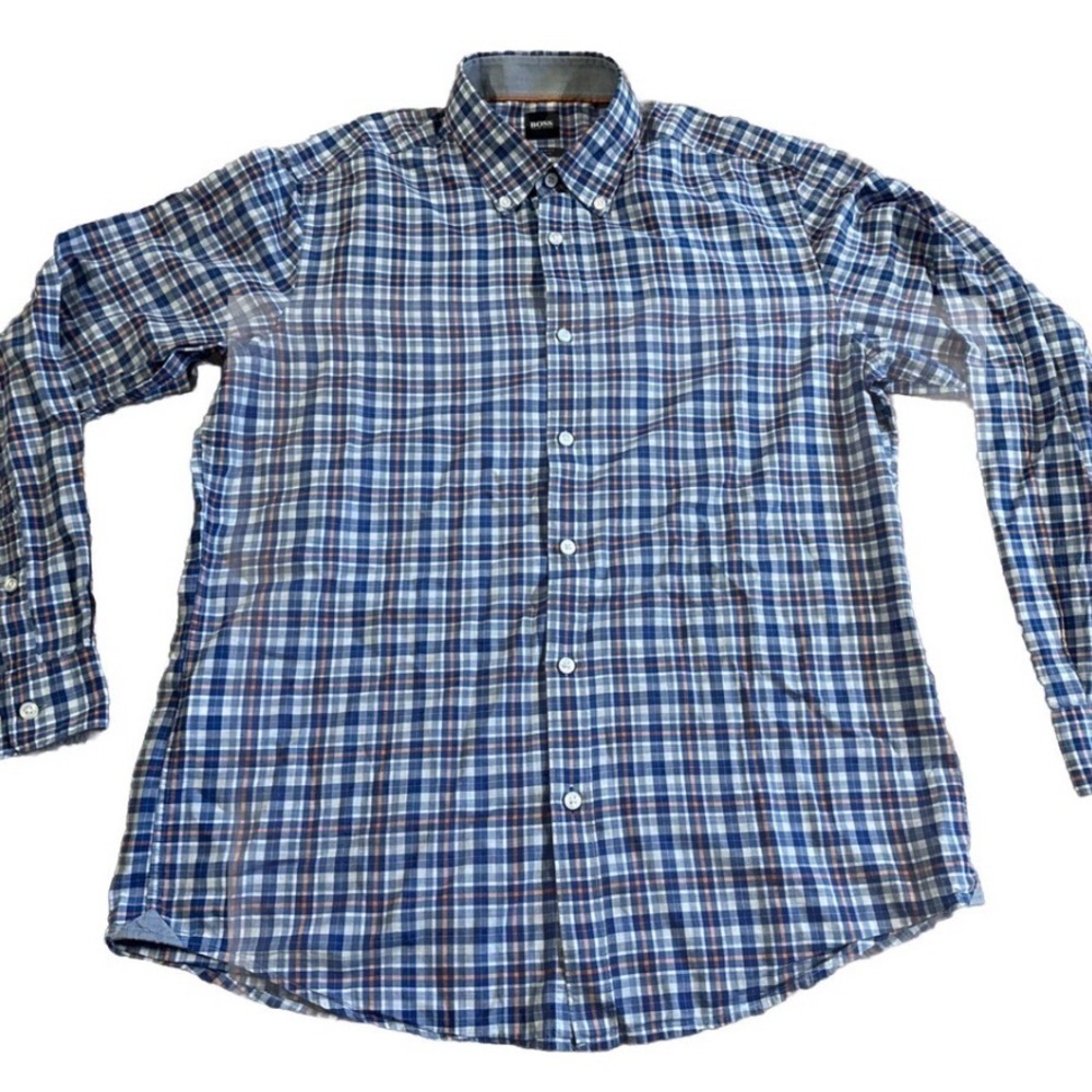 HUGO BOSS Mens Regular Fit Stretch blue plaid long sleeve shirt Size Large EUC